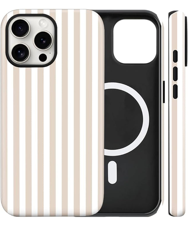 Magnetic for iPhone 15 Pro Case Cute Stripes Phone Case, Shockproof Slim TPU and Hard PC Protective Phone Cover Compatible with MagSafe Designed for Women Girls, Apricot