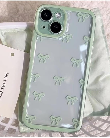 Designed for iPhone Case,Clear Cute Ribbon Bowknot Pattern Aesthetic Transparent Phone Case Raised Camera Protection Stylish Slim Soft Phone Case (Green,iPhone 16 Pro)