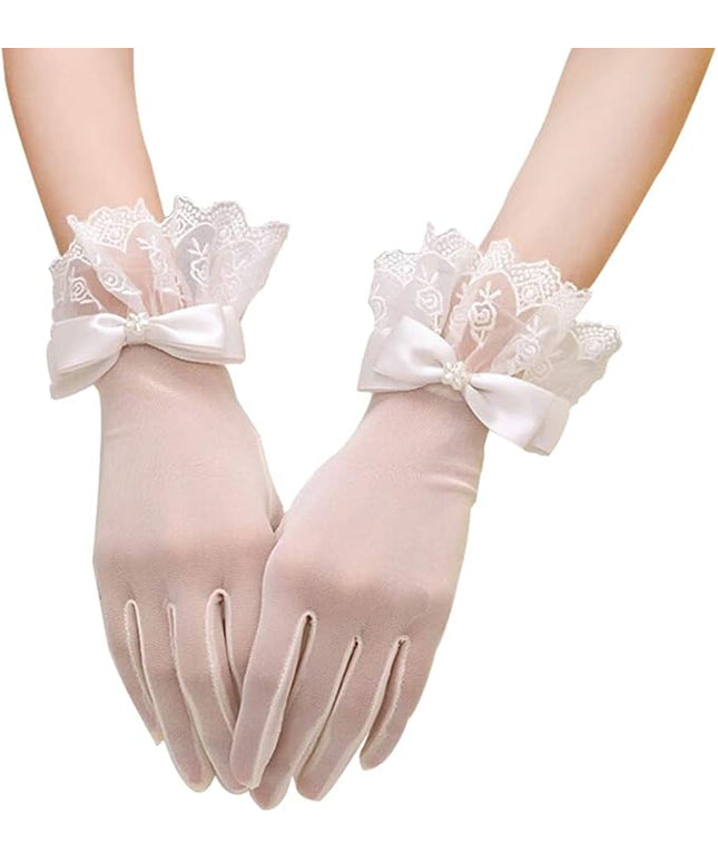 R STAR Floral Short Lace Gloves, Women Wrist Length Gloves for Wedding(B)