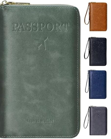 Multi-Functional RFID Passport Wallet,Travel Wallet for Men & Women,With zipper, anti-theft passport holder，Slim Leather Cover for Credit Cards, Tickets, Cash (Green)