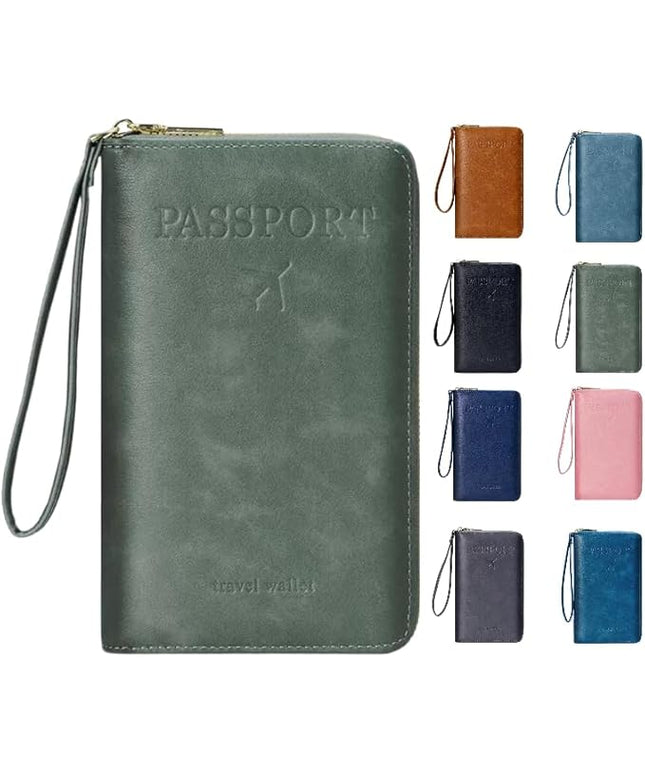Multi-Functional RFID Passport Wallet,Travel Wallet for Men & Women,With zipper, anti-theft passport holder，Slim Leather Cover for Credit Cards, Tickets, Cash (Green)