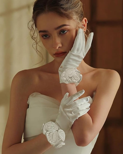 Short Satin Floral Gloves Elegant Wedding Dress Gloves for Opera Dinner Party Accessories