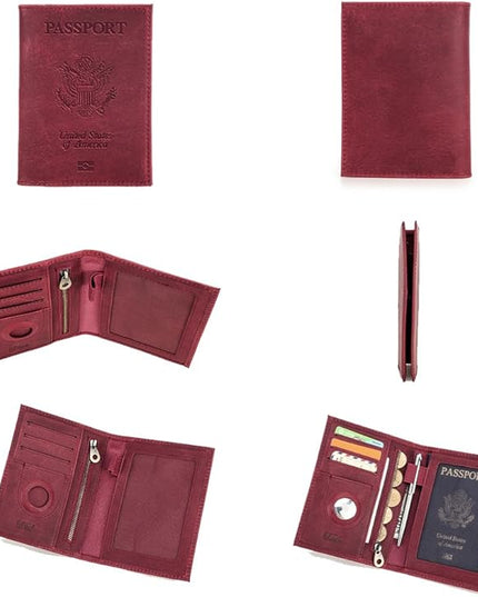CONTACTS Full Grain Leather Passport Holder RFID Blocking Travel Passport Wallet Compatible Airtag Passport Cover Case with 4 Cards Slots, Coin Pocket (Badge, Wine Red)