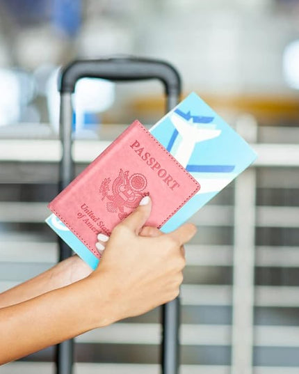 Eoehro Passport and Vaccine Card Holder, Faux Leather, AI-pink, Compact, Lightweight, Waterproof