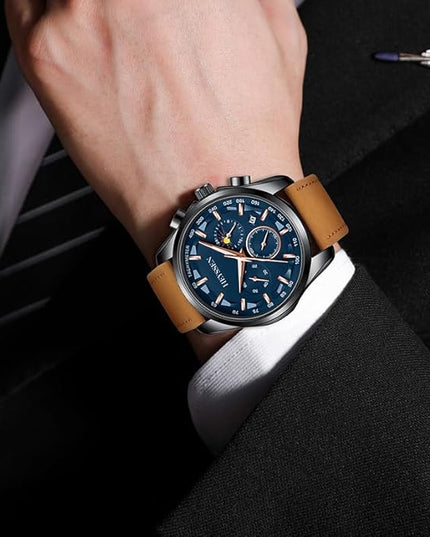 Watches for Men Chronograph Analog Luminous Quartz Watch Blue Black Luxury Genuine Leather Mens Watches Business Sports Waterproof Wristwatch Elegant Gift for Him