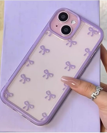 Designed for iPhone Case,Clear Cute Ribbon Bowknot Pattern Aesthetic Transparent Phone Case Raised Camera Protection Stylish Slim Soft Phone Case (Purple,iPhone 12 Pro)