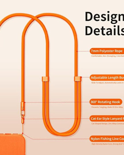 Phone Lanyard Phone Strap Crossbody Compatible with iPhone 17/Air/Pro/Max All Phone Cases with 2 Charms Dual Holes TPU Tab 360° Hook Adjustable Hands-Free Shoulder Neck Camera Strap Anti Theft Orange