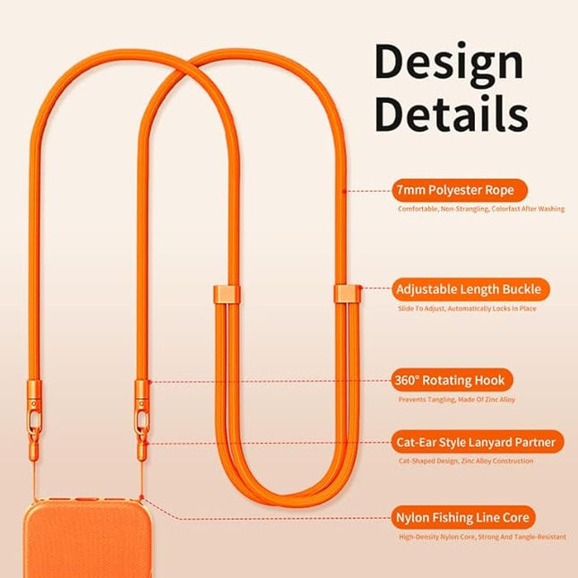 Phone Lanyard Phone Strap Crossbody Compatible with iPhone 17/Air/Pro/Max All Phone Cases with 2 Charms Dual Holes TPU Tab 360° Hook Adjustable Hands-Free Shoulder Neck Camera Strap Anti Theft Orange