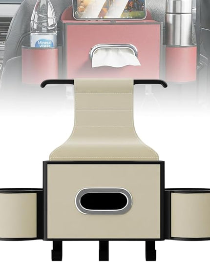 3-in-1 Car Backseat Organizer with Cup Holder, Tissue Box, Trash Bin & Hooks,Multifunctional Back Seat Car Organizer for Hold Phones, Snacks, Drinks, and Handbags (A-Beige)