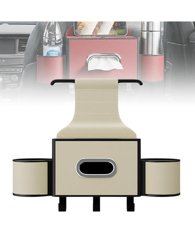 3-in-1 Car Backseat Organizer with Cup Holder, Tissue Box, Trash Bin & Hooks,Multifunctional Back Seat Car Organizer for Hold Phones, Snacks, Drinks, and Handbags (A-Beige)