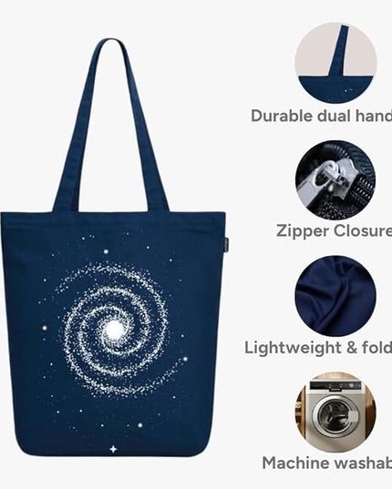 Ecoright Tote Bag for Women with Zipper, Small Tote Bag, Canvas Bag, Reusable Cotton Bag for Beach, Grocery, School & Work