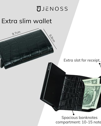 Jenoss Smart Wallet For Men: Full Grain Leather, Handcrafted, Slide Metal Pop Up Case, Slim RFID Blocking Credit Card Holder, Minimalist, Compact, 6-8 Cards Organizers, Front Pocket, Money Clip (Navy)