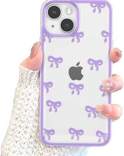 Designed for iPhone Case,Clear Cute Ribbon Bowknot Pattern Aesthetic Transparent Phone Case Raised Camera Protection Stylish Slim Soft Phone Case (Purple,iPhone 16 Pro)
