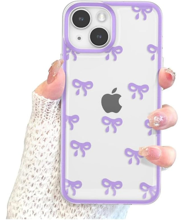 Designed for iPhone Case,Clear Cute Ribbon Bowknot Pattern Aesthetic Transparent Phone Case Raised Camera Protection Stylish Slim Soft Phone Case (Purple,iPhone 15 Pro Max)