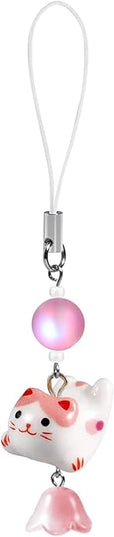 Agromusk Cat Phone Charms,Cute Lucky Kitty Beaded with Flower Phone Strap,Kawaii Y2K Bag Decor Aesthetic Cat Charm Accessories