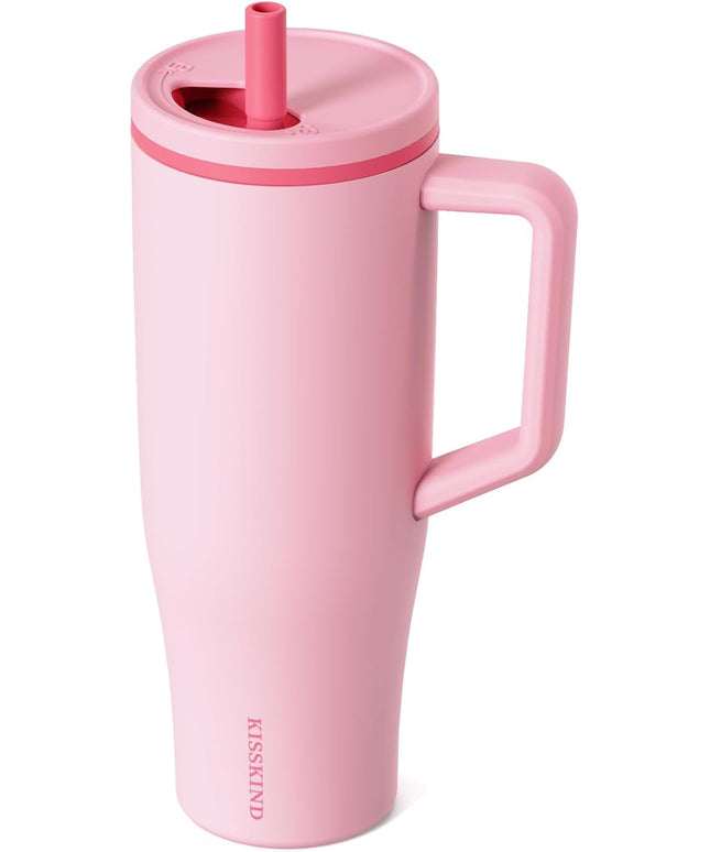 KISSKIND 40 oz Tumbler with Handle and Straw | Lumi Spin Hidden Straw 100% Leakproof Insulated Tumbler | Stainless Steel Water Bottle for Mom, Nurse, Teacher | Pink