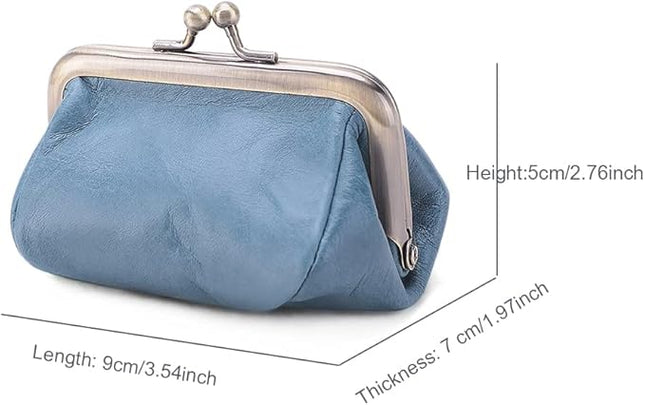 Plinvo Mini Genuine Leather Coin Purse for Women Vintage Kiss Lock Change Organizer Blue (Blue)