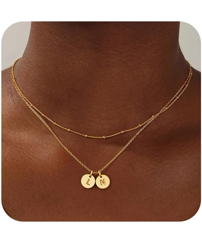 Turandoss Christmas Gifts for Grandkids - Dainty 14K Gold Plated Layered Two Letter A-Z Stack Disc Initial Necklace Trendy Birthday Personalized Gifts for Women Teen Girls Jewelry