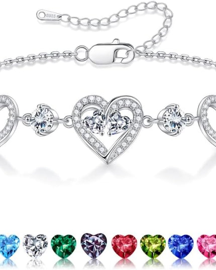 Iefil Valentines Day Gifts for Her - 925 Sterling Silver Heart Birthstone Bracelet Birthday Anniversary Jewelry Gifts for Her Wife