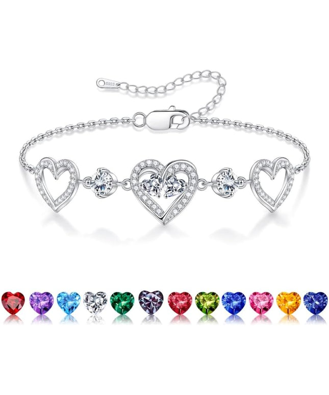 Iefil Valentines Day Gifts for Her - 925 Sterling Silver Heart Birthstone Bracelet Birthday Anniversary Jewelry Gifts for Her Wife
