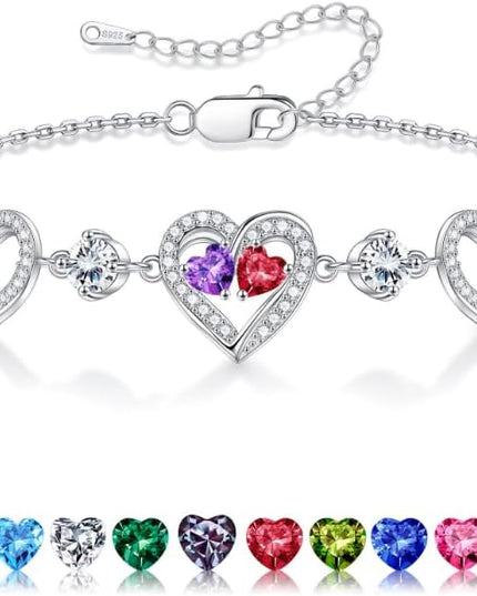 Iefil Valentines Day Gifts for Her - 925 Sterling Silver Heart Birthstone Bracelet Birthday Anniversary Jewelry Gifts for Her Wife