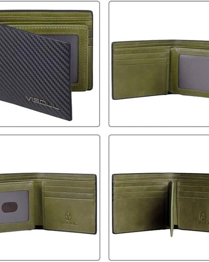 VISOUL Leather Mens Bifold RFID Blocking Wallet with 2 ID Windows, Leather Wallet for Men (Carbon Fiber, Black+Green)