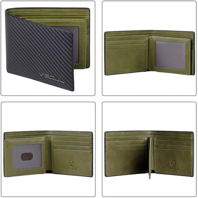 VISOUL Leather Mens Bifold RFID Blocking Wallet with 2 ID Windows, Leather Wallet for Men (Carbon Fiber, Black+Green)