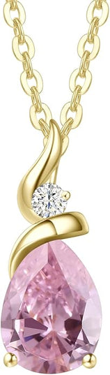 FANCIME 14K Solid Yellow Gold Birthstone Pendant Necklace for Women with Diamond Pear Shaped Teardrop Necklace Birthday Gifts for Mom Women Sterling Silver Chain 16" + 2" Extender