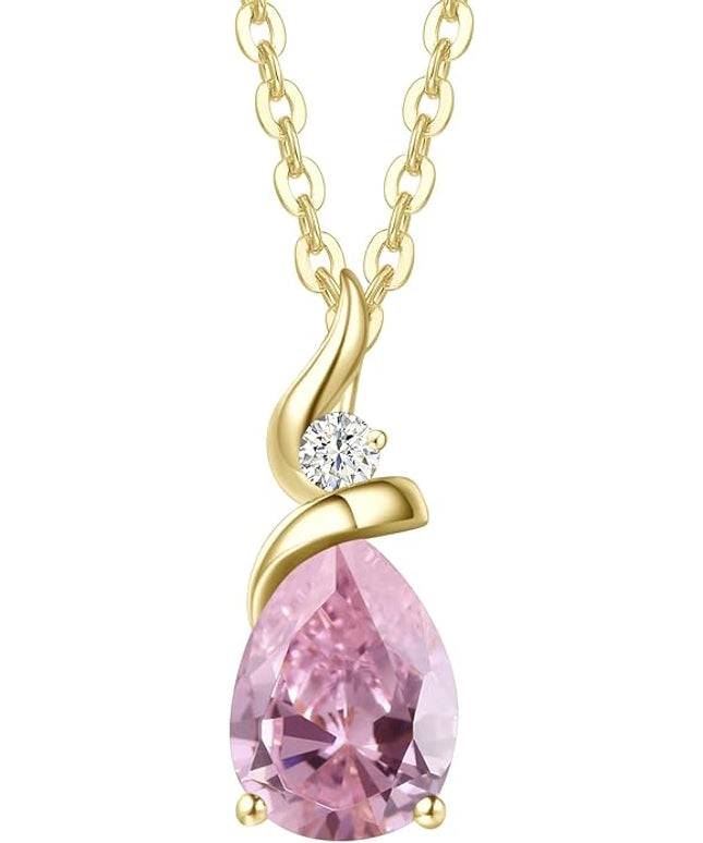 FANCIME 14K Solid Yellow Gold Birthstone Pendant Necklace for Women with Diamond Pear Shaped Teardrop Necklace Birthday Gifts for Mom Women Sterling Silver Chain 16" + 2" Extender