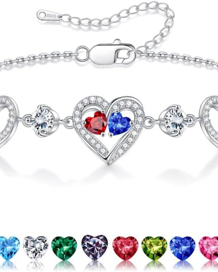 Iefil Valentines Day Gifts for Her - 925 Sterling Silver Heart Birthstone Bracelet Birthday Anniversary Jewelry Gifts for Her Wife