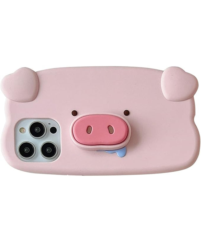Case Compatible with iPhone 15 Pro Max,Cute 3D Kawaii Funny Pig Stand Cartoon Cover with Keychain Soft Silicone Gel Drop Protector Women Girls