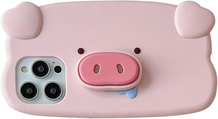 Case Compatible with iPhone 14 Pro,Cute 3D Kawaii Funny Pig Stand Cartoon Cover with Keychain Soft Silicone Gel Drop Protector Women Girls