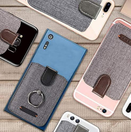 BIAJIYA Card Holder for Back of Phone RFID 5 Pull Credit Card Cash Cell Wallet Pocket Canva Leather Case for Smartphones (Dark)