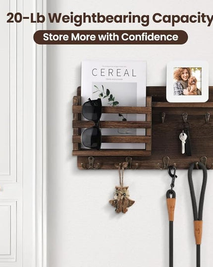 Nekon Mail Holder for Wall Mail Organizer with Key Hooks Hallway Farmhouse Decor Storage Racks with Floating Shelf and Flush Mount Hardware (16.8Inch x 10Inch x 3.2Inch)