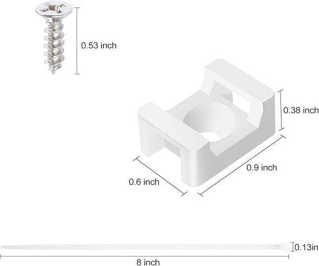 100 Pcs Cable Zip Tie Saddle Type Mounts Base with 8" Cable Ties Tapping Screw, Wire Cable Clips Organizer Holders Clamps White