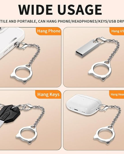 Metal Cat Head Phone Finger Grip Ring Chain Lanyard Keychain Holder Heavy Duty 5KG Capacity Anti-Loss Strap Anti Theft for All Phones Keys Earbuds USB Drives with Stainless Steel Clip Tether Silver