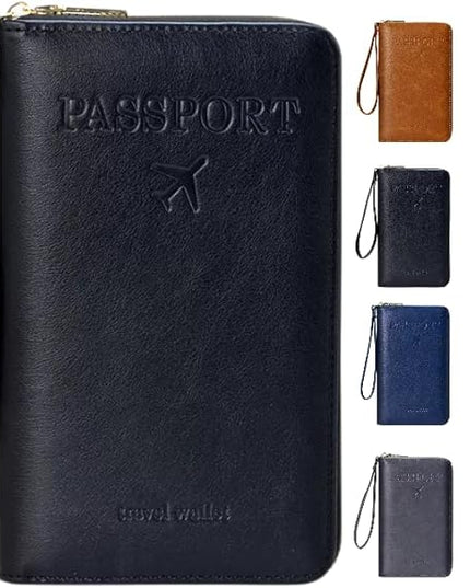 Multi-Functional RFID Passport Wallet,Travel Wallet for Men & Women,With zipper, anti-theft passport holder，Slim Leather Cover for Credit Cards, Tickets, Cash (Black)