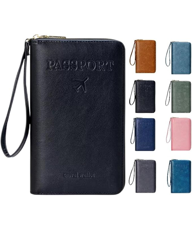 Multi-Functional RFID Passport Wallet,Travel Wallet for Men & Women,With zipper, anti-theft passport holder，Slim Leather Cover for Credit Cards, Tickets, Cash (Black)