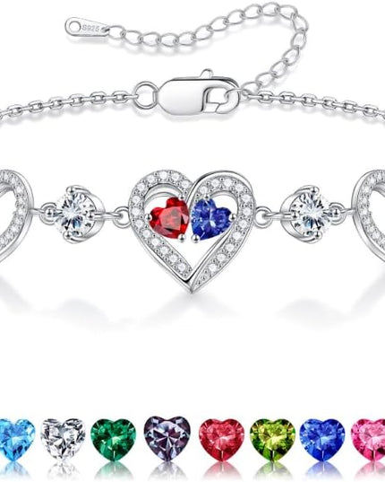 Iefil Valentines Day Gifts for Her - 925 Sterling Silver Heart Birthstone Bracelet Birthday Anniversary Jewelry Gifts for Her Wife