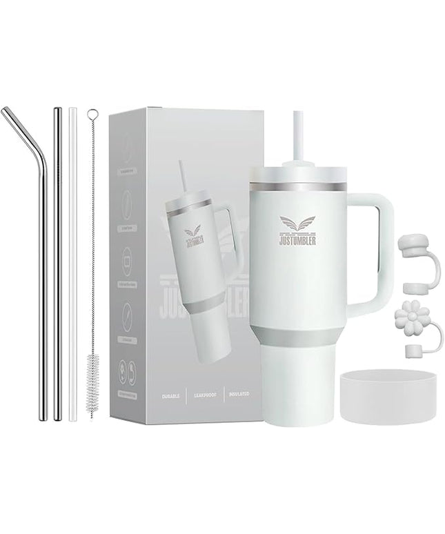 40 Oz Insulated Tumbler with Handle and Straw, Stainless Steel Coffee Travel Mug with Lid, Leak Proof Water Bottle with Accessories, Frost