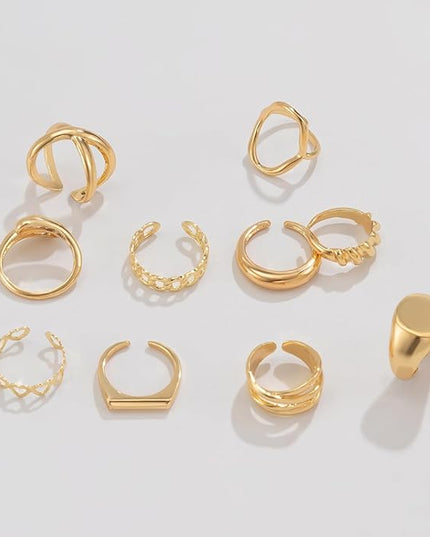 GiftInBox Gold Chunky Rings Set for Women Open Stacking Knuckle Ring Adjustable Round Dome Rings Set Minimalist Irregular Statement Women Ring Jewelry Gift