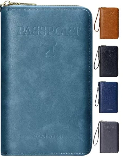 Multi-Functional RFID Passport Wallet,Travel Wallet for Men & Women,With zipper, anti-theft passport holder，Slim Leather Cover for Credit Cards, Tickets, Cash (Sky blue)