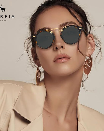 CARFIA Small Face Acetate Polarized Sunglasses for Women UV Protection, Retro Double Bridge Eyewears Metal Brow Round Sunnies