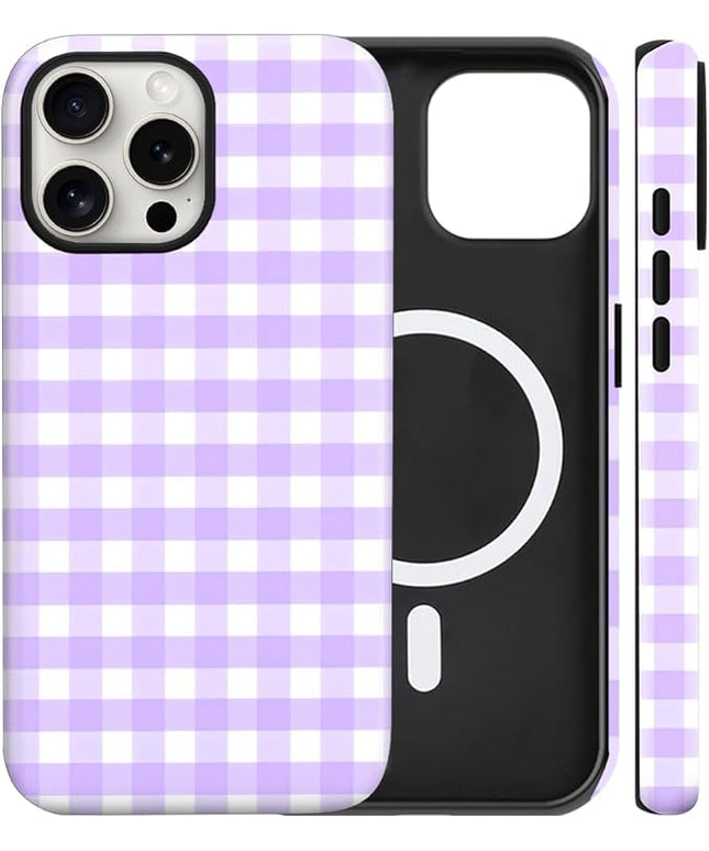 Magnetic for iPhone 14 Pro Case Cute Checkered Stripes Phone Case for Women Girls, Shockproof Slim TPU and Hard PC Protective Phone Cover Compatible with MagSafe Designed, Purple