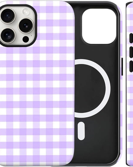 Magnetic for iPhone 16 Pro Case Cute Checkered Stripes Phone Case for Women Girls, Shockproof Slim TPU and Hard PC Protective Phone Cover Compatible with MagSafe Designed, Purple
