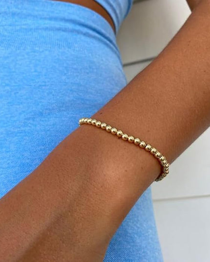 Gold Beaded Bracelets for Women, 14K Real Gold Plated Jewelry for Women Dainty Pearl Bead Bracelets Stack, Non Tarnish Trendy Stackable Ball Cross Stretch Bracelet Set Fashion Accessories Gifts