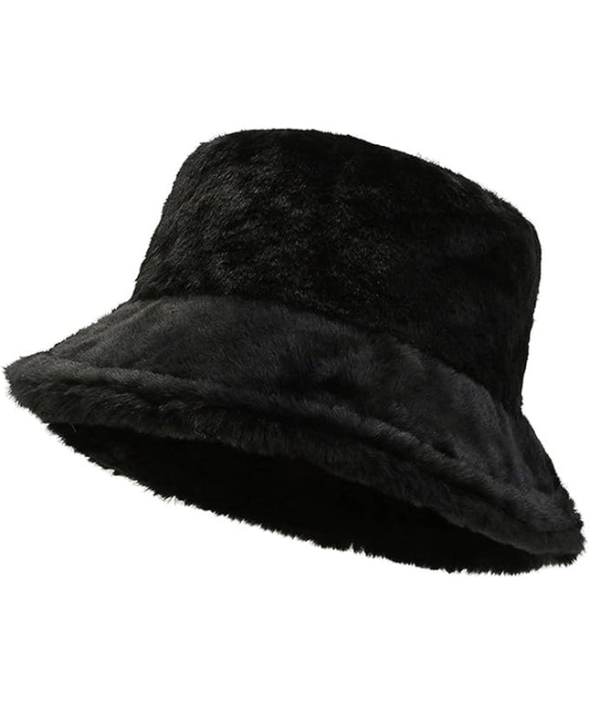 Women Plush Fluffy Bucket Hat Warm Lining Winter Faux Fur Cozy Wide Brim Winter