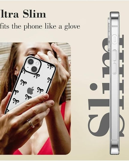 Designed for iPhone Case,Clear Cute Ribbon Bowknot Pattern Aesthetic Transparent Phone Case Raised Camera Protection Stylish Slim Soft Phone Case (Black,iPhone 14 Pro)