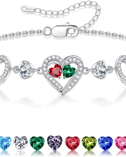 Iefil Valentines Day Gifts for Her - 925 Sterling Silver Heart Birthstone Bracelet Birthday Anniversary Jewelry Gifts for Her Wife