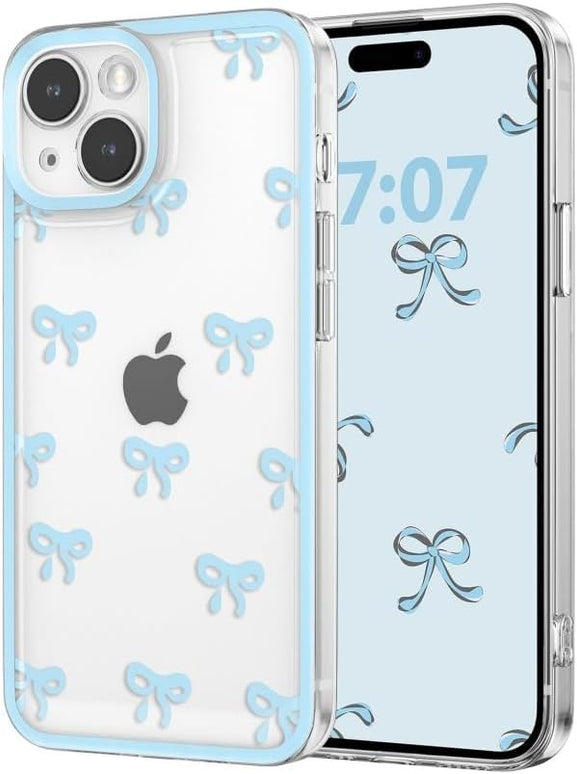 Designed for iPhone Case,Clear Cute Ribbon Bowknot Pattern Aesthetic Transparent Phone Case Raised Camera Protection Stylish Slim Soft Phone Case (Blue,iPhone 13 Pro Max)